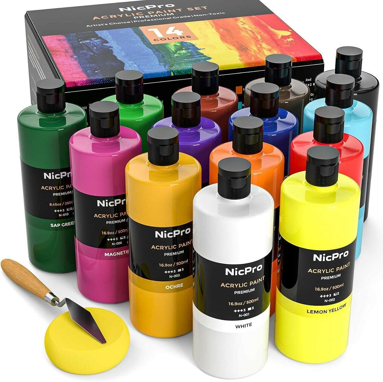 Nicpro 14 Colors Large Bulk Acrylic Paint Set (16.9 Oz,500 Ml) Rich Art Painting  Supplies